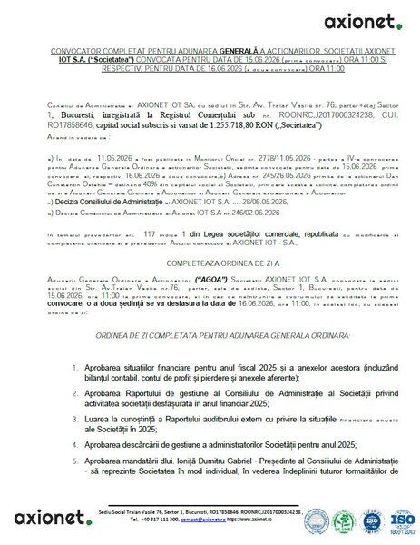 Convocator completat pentru Adunarea Generala a Actionarilor