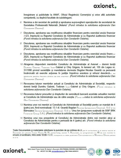 Convocator completat pentru Adunarea Generala a Actionarilor